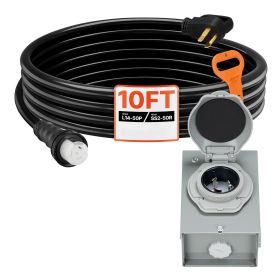 50 Amp Generator Cord and Power Inlet Box, 10FT, 125V/250V STW 6/3 + 8/1 AWG Extension Power Cord, NEMA 14-50P to SS2-50R, Twist Lock Connector